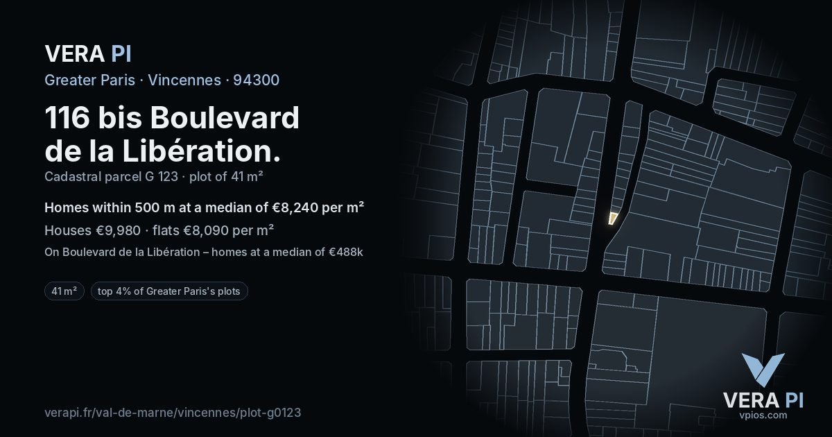 116 bis Boulevard de la Libération, Vincennes at night – the plot lit, the parcels around coloured by the prices near them