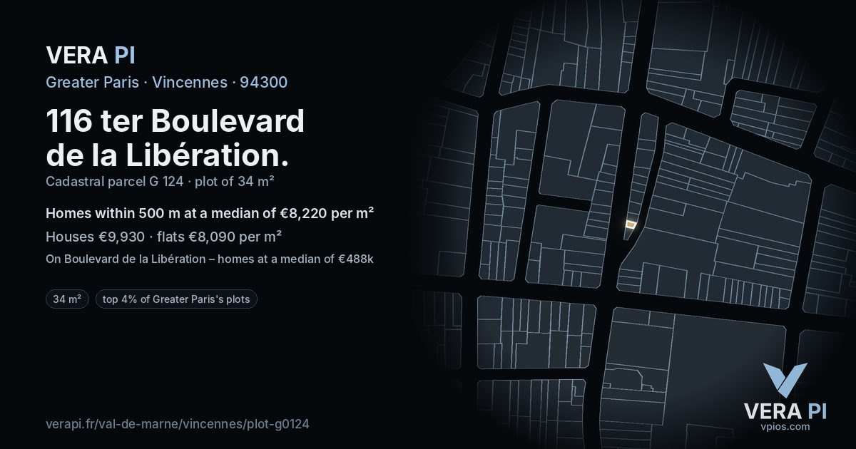 116 ter Boulevard de la Libération, Vincennes at night – the plot lit, the parcels around coloured by the prices near them