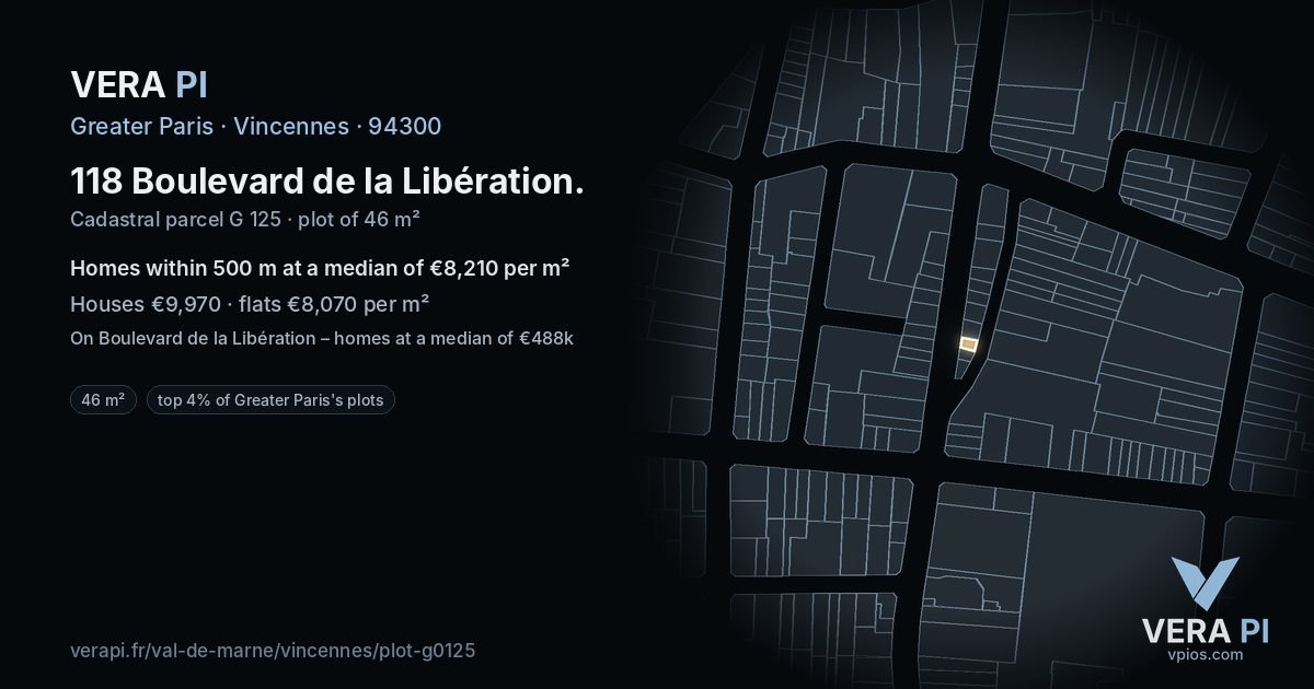 118 Boulevard de la Libération, Vincennes at night – the plot lit, the parcels around coloured by the prices near them