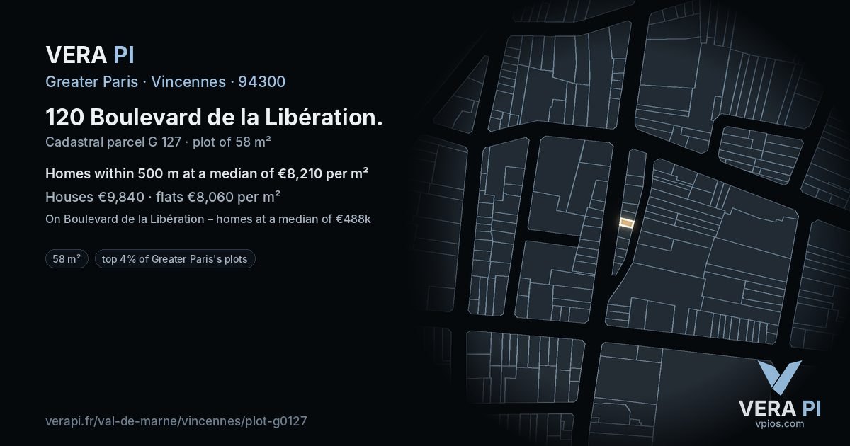 120 Boulevard de la Libération, Vincennes at night – the plot lit, the parcels around coloured by the prices near them