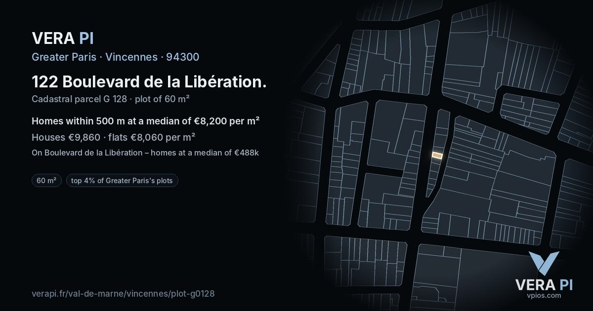 122 Boulevard de la Libération, Vincennes at night – the plot lit, the parcels around coloured by the prices near them