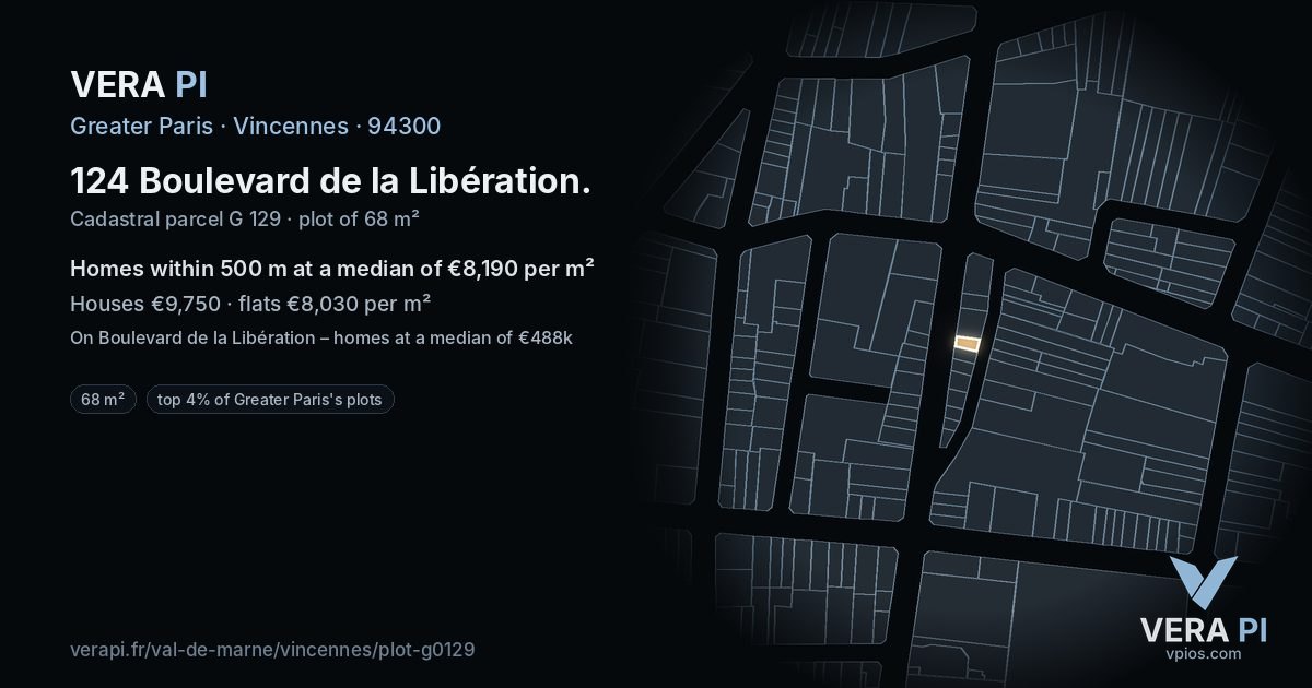 124 Boulevard de la Libération, Vincennes at night – the plot lit, the parcels around coloured by the prices near them