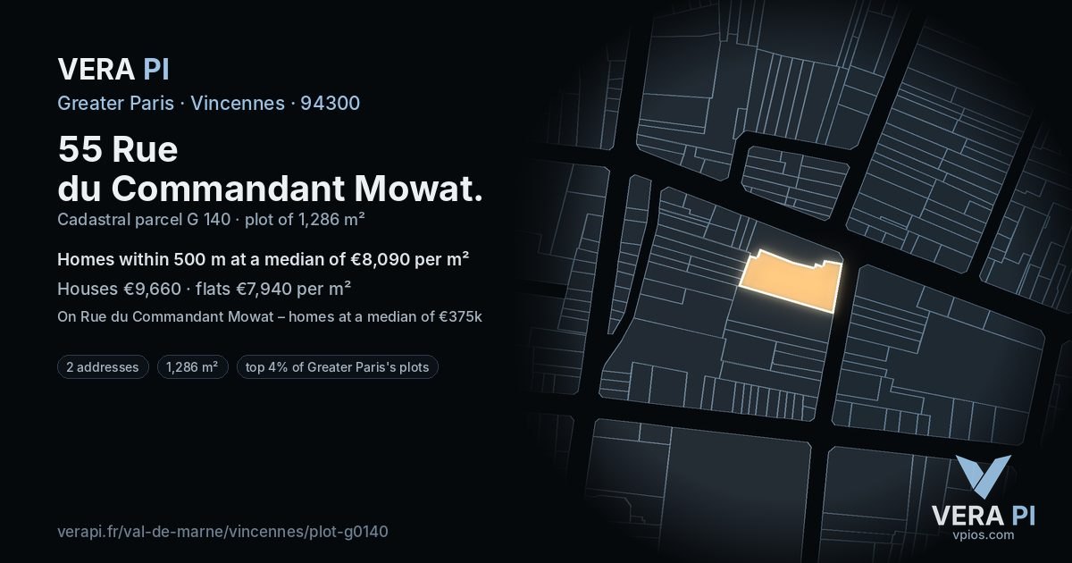 55 Rue du Commandant Mowat, Vincennes at night – the plot lit, the parcels around coloured by the prices near them