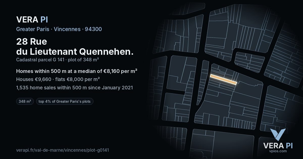 28 Rue du Lieutenant Quennehen, Vincennes at night – the plot lit, the parcels around coloured by the prices near them