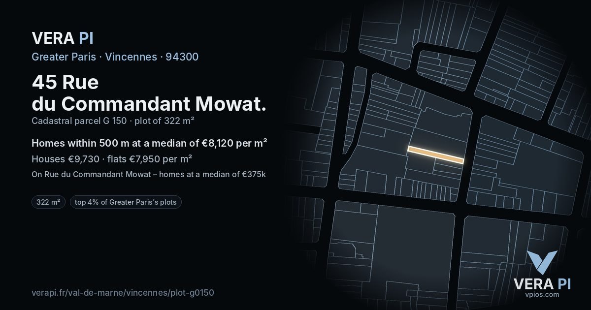 45 Rue du Commandant Mowat, Vincennes at night – the plot lit, the parcels around coloured by the prices near them