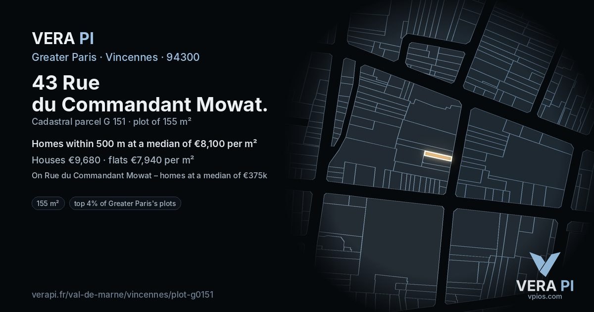 43 Rue du Commandant Mowat, Vincennes at night – the plot lit, the parcels around coloured by the prices near them
