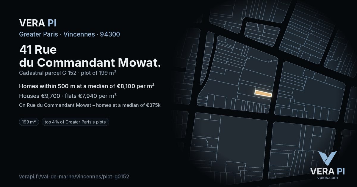 41 Rue du Commandant Mowat, Vincennes at night – the plot lit, the parcels around coloured by the prices near them