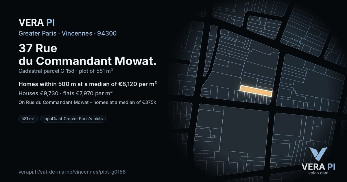37 Rue du Commandant Mowat, Vincennes at night – the plot lit, the parcels around coloured by the prices near them