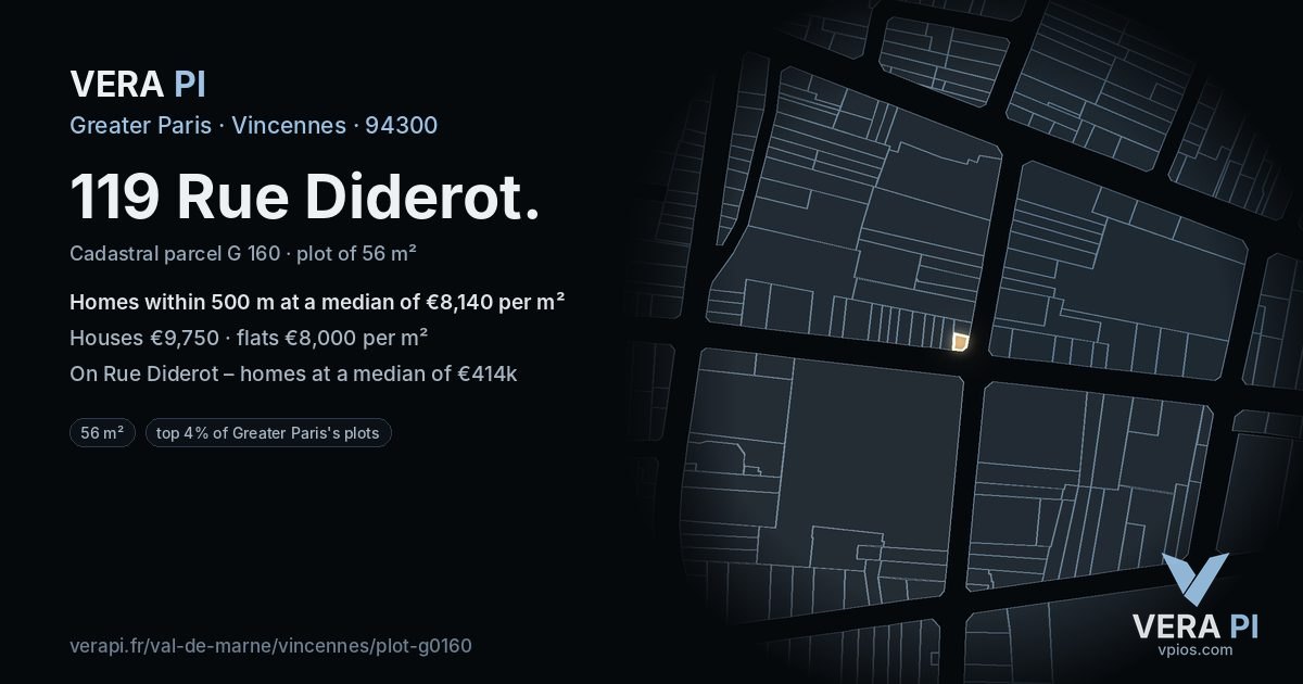 119 Rue Diderot, Vincennes at night – the plot lit, the parcels around coloured by the prices near them