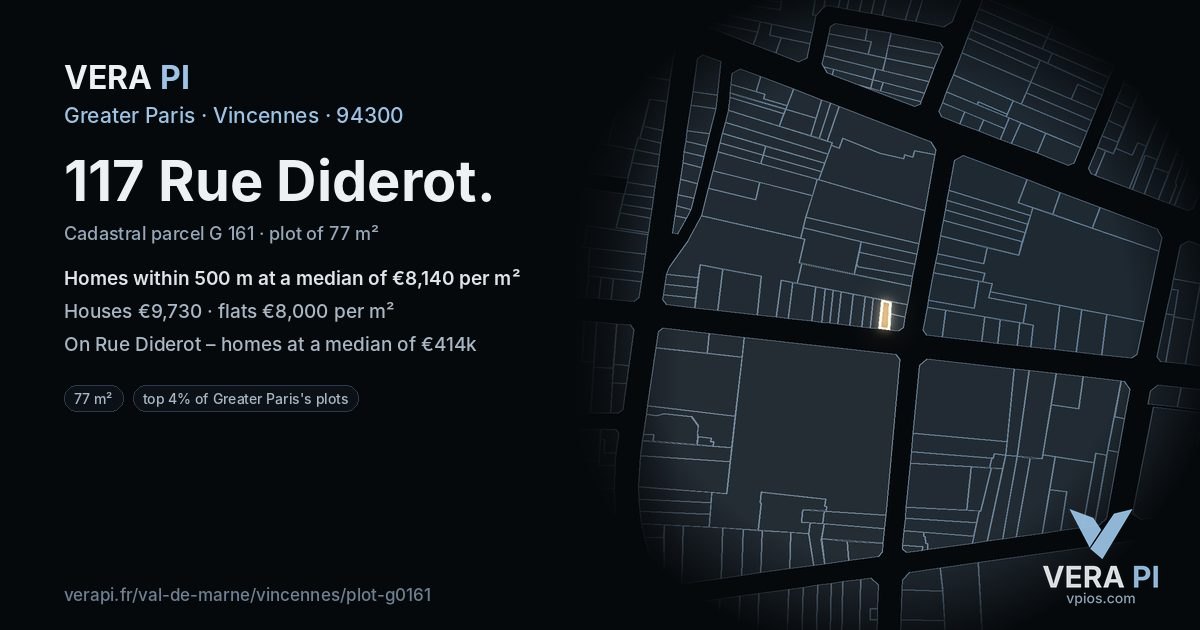 117 Rue Diderot, Vincennes at night – the plot lit, the parcels around coloured by the prices near them