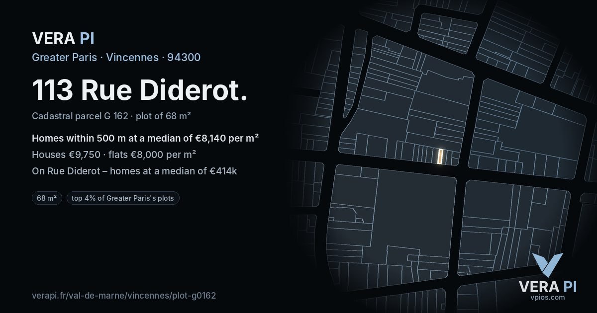 113 Rue Diderot, Vincennes at night – the plot lit, the parcels around coloured by the prices near them