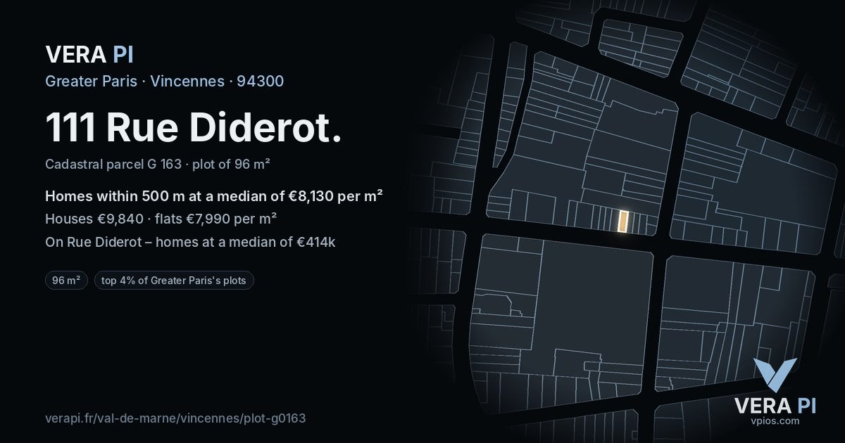 111 Rue Diderot, Vincennes at night – the plot lit, the parcels around coloured by the prices near them