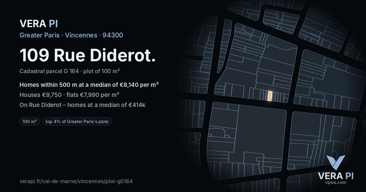 109 Rue Diderot, Vincennes at night – the plot lit, the parcels around coloured by the prices near them