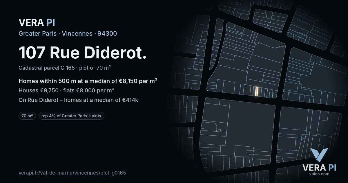107 Rue Diderot, Vincennes at night – the plot lit, the parcels around coloured by the prices near them