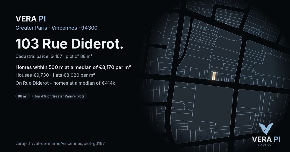 103 Rue Diderot, Vincennes at night – the plot lit, the parcels around coloured by the prices near them