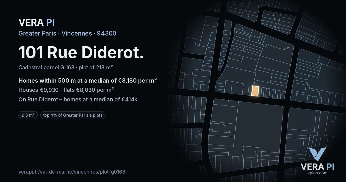 101 Rue Diderot, Vincennes at night – the plot lit, the parcels around coloured by the prices near them