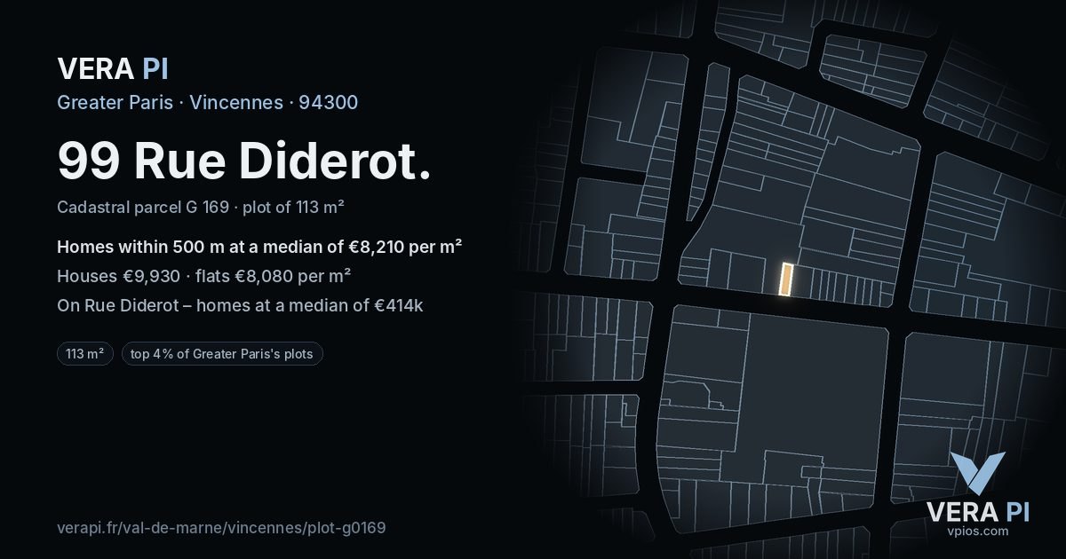 99 Rue Diderot, Vincennes at night – the plot lit, the parcels around coloured by the prices near them