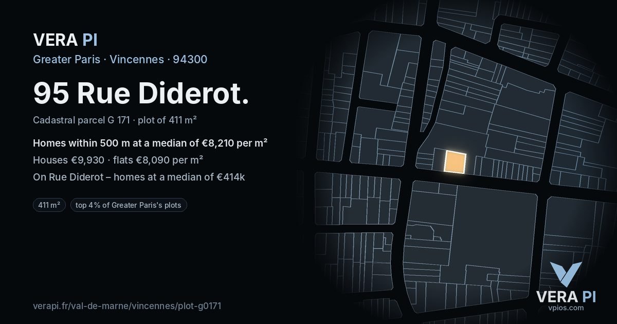 95 Rue Diderot, Vincennes at night – the plot lit, the parcels around coloured by the prices near them