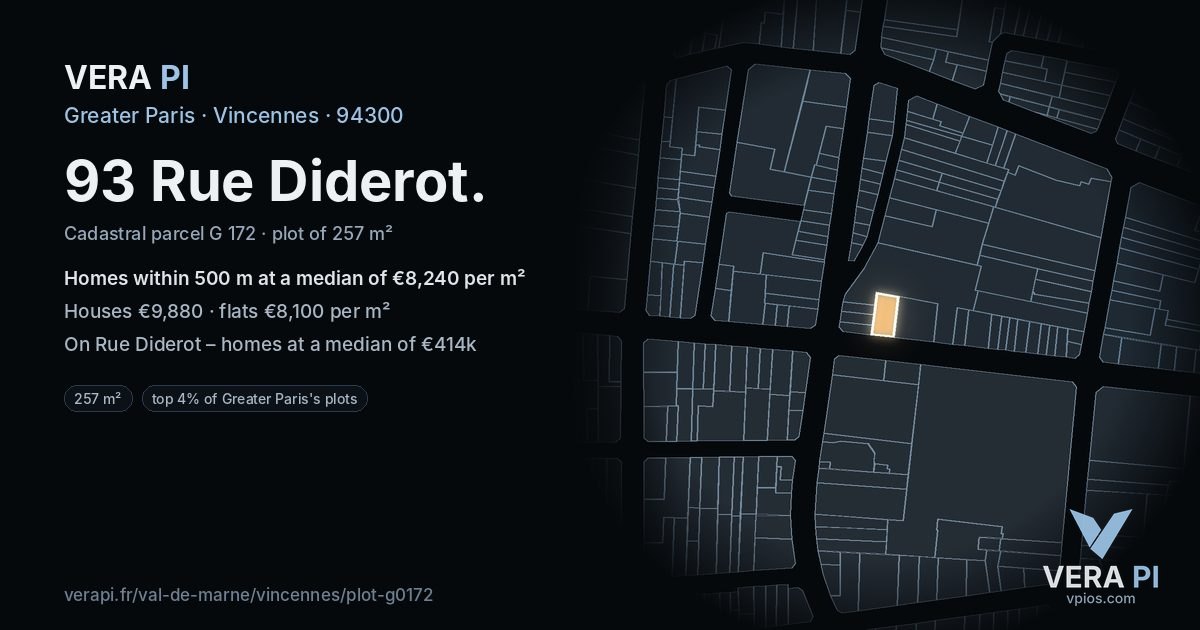 93 Rue Diderot, Vincennes at night – the plot lit, the parcels around coloured by the prices near them