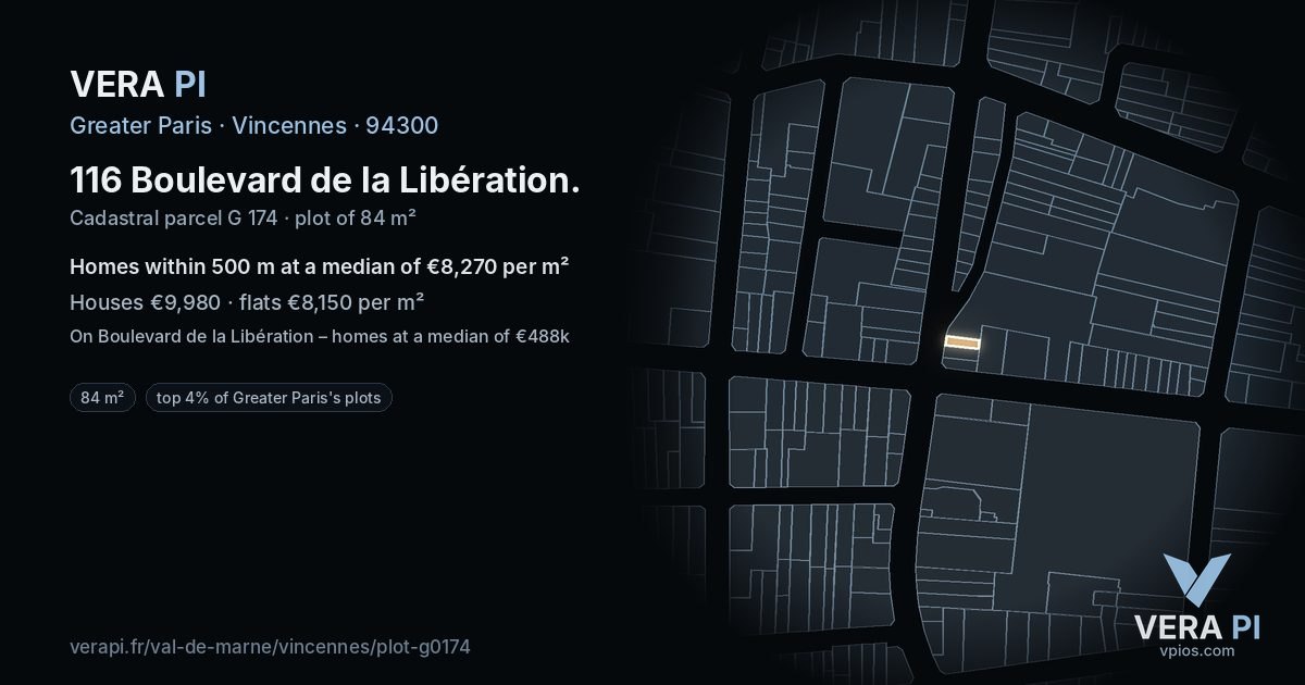 116 Boulevard de la Libération, Vincennes at night – the plot lit, the parcels around coloured by the prices near them
