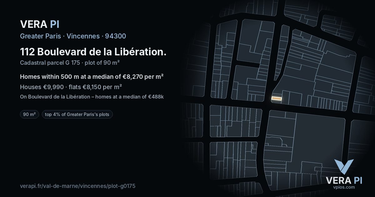 112 Boulevard de la Libération, Vincennes at night – the plot lit, the parcels around coloured by the prices near them