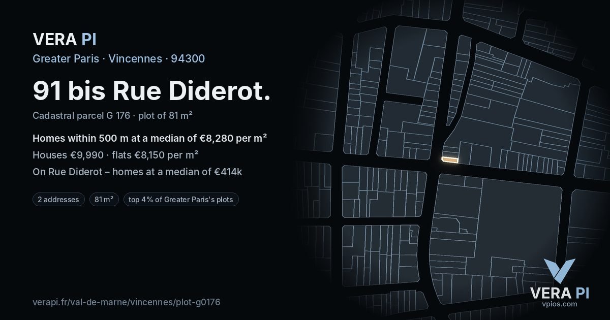 91 bis Rue Diderot, Vincennes at night – the plot lit, the parcels around coloured by the prices near them