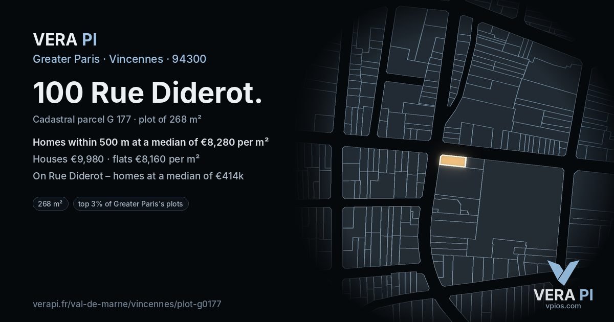 100 Rue Diderot, Vincennes at night – the plot lit, the parcels around coloured by the prices near them