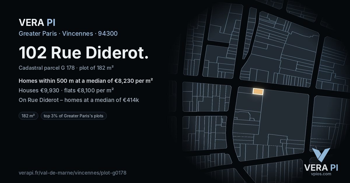 102 Rue Diderot, Vincennes at night – the plot lit, the parcels around coloured by the prices near them