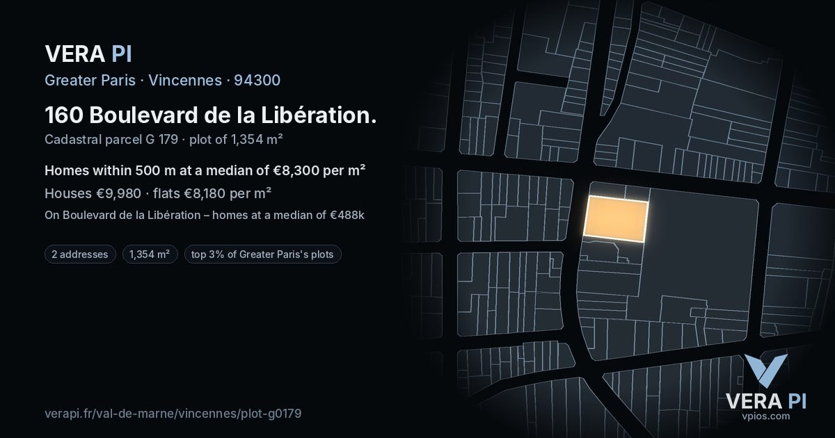 160 Boulevard de la Libération, Vincennes at night – the plot lit, the parcels around coloured by the prices near them