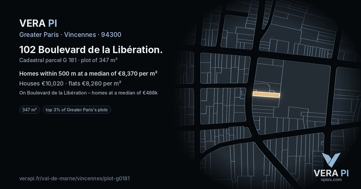 102 Boulevard de la Libération, Vincennes at night – the plot lit, the parcels around coloured by the prices near them
