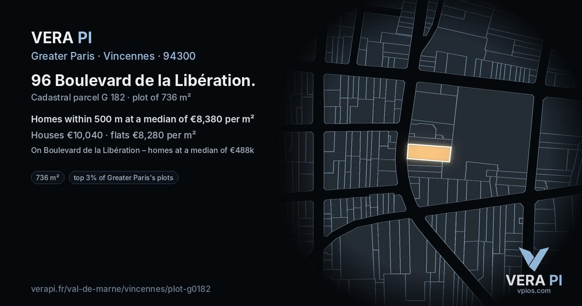 96 Boulevard de la Libération, Vincennes at night – the plot lit, the parcels around coloured by the prices near them
