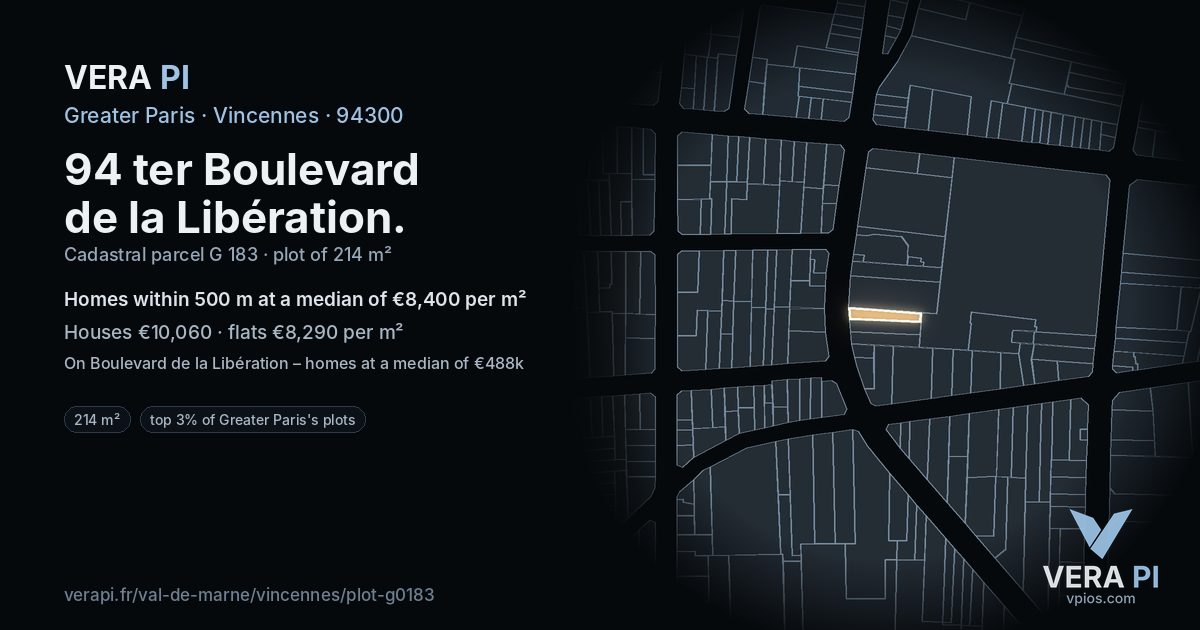 94 ter Boulevard de la Libération, Vincennes at night – the plot lit, the parcels around coloured by the prices near them