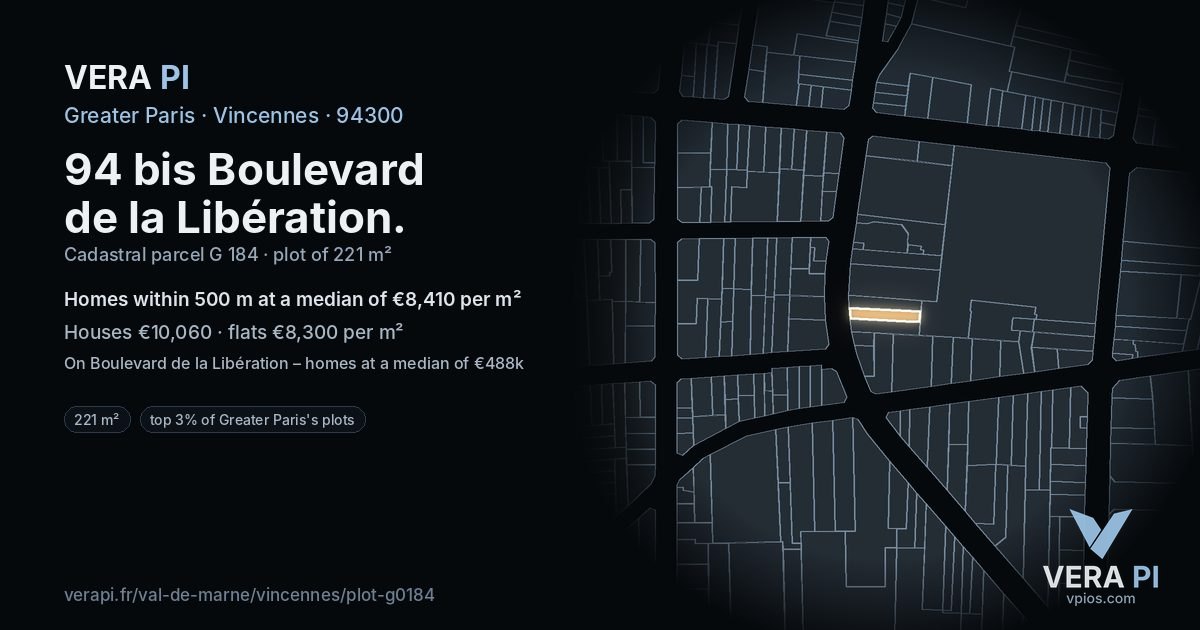94 bis Boulevard de la Libération, Vincennes at night – the plot lit, the parcels around coloured by the prices near them