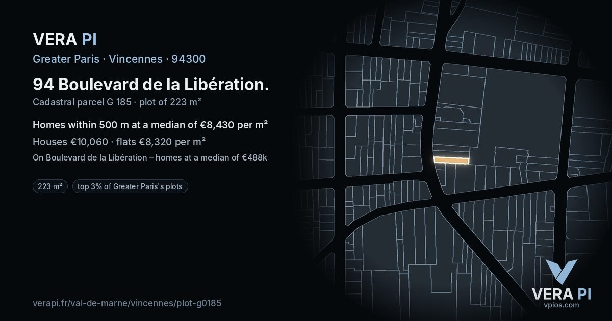 94 Boulevard de la Libération, Vincennes at night – the plot lit, the parcels around coloured by the prices near them