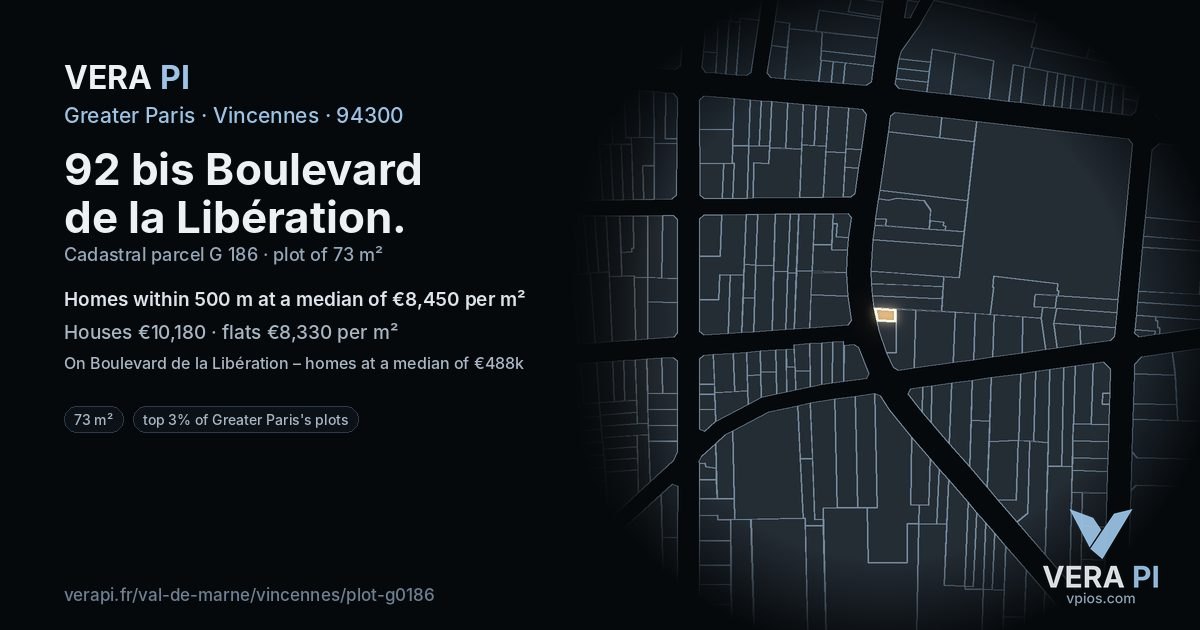 92 bis Boulevard de la Libération, Vincennes at night – the plot lit, the parcels around coloured by the prices near them