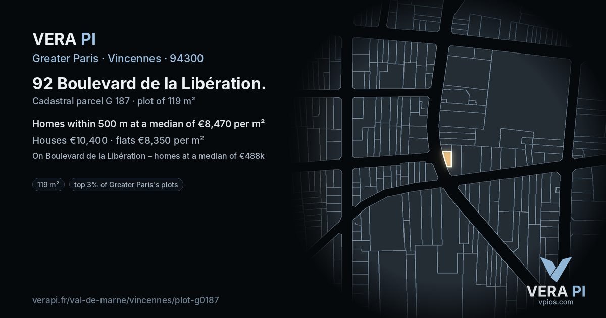 92 Boulevard de la Libération, Vincennes at night – the plot lit, the parcels around coloured by the prices near them