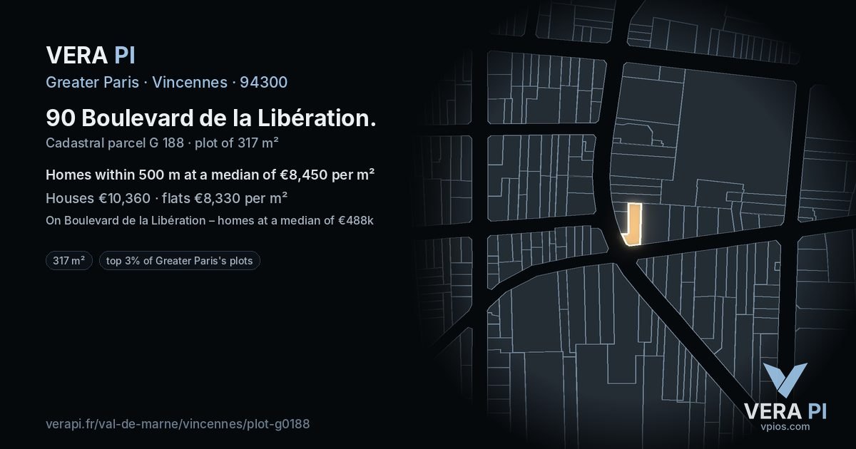 90 Boulevard de la Libération, Vincennes at night – the plot lit, the parcels around coloured by the prices near them