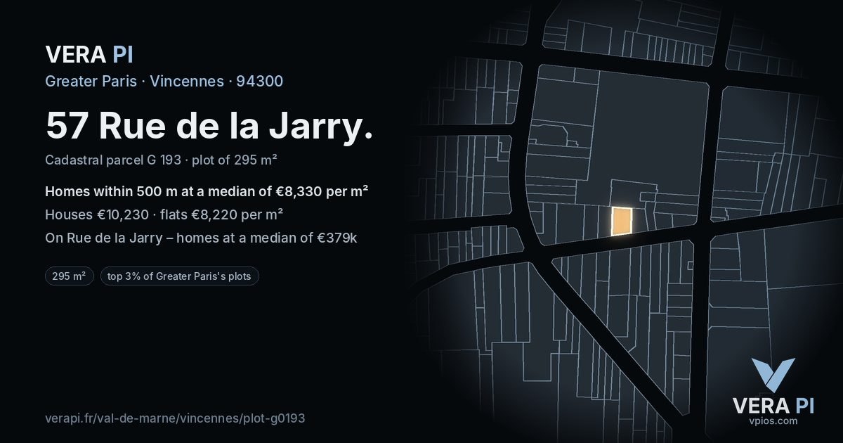 57 Rue de la Jarry, Vincennes at night – the plot lit, the parcels around coloured by the prices near them