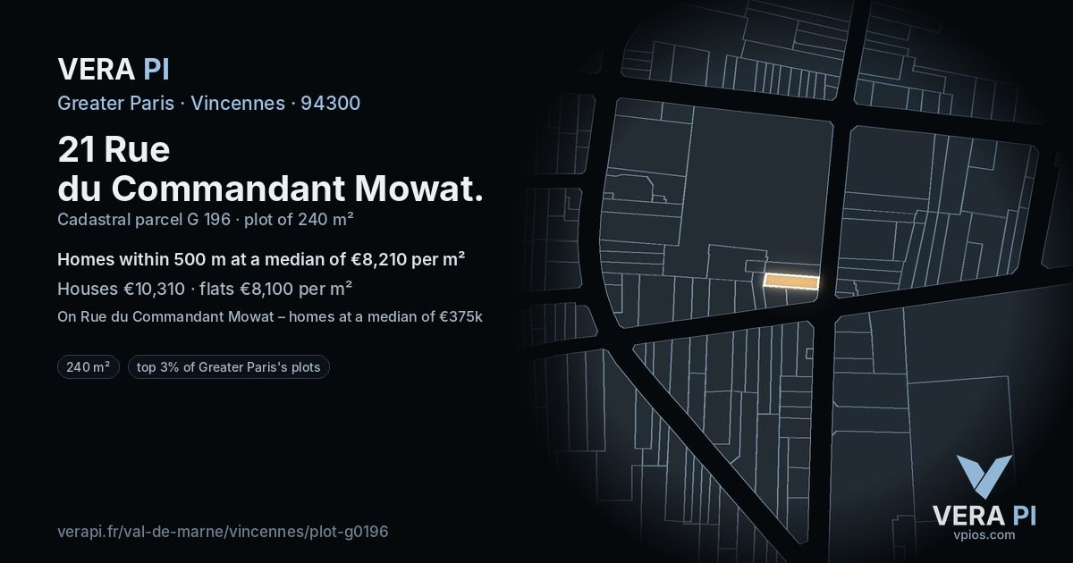 21 Rue du Commandant Mowat, Vincennes at night – the plot lit, the parcels around coloured by the prices near them