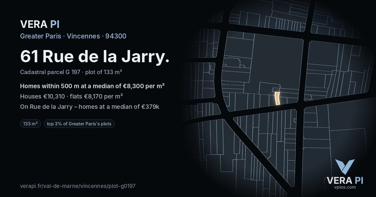 61 Rue de la Jarry, Vincennes at night – the plot lit, the parcels around coloured by the prices near them