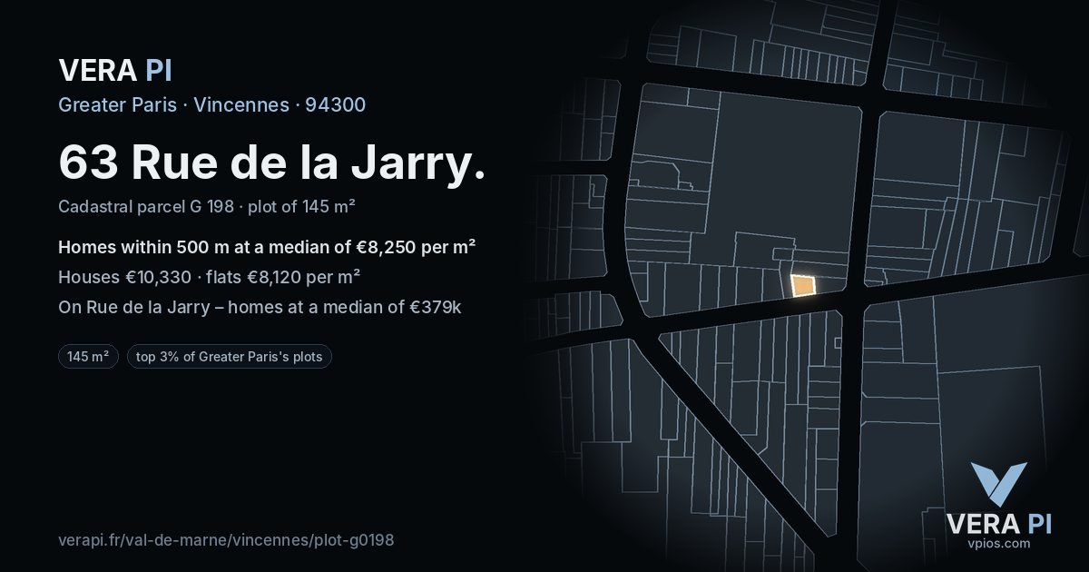 63 Rue de la Jarry, Vincennes at night – the plot lit, the parcels around coloured by the prices near them