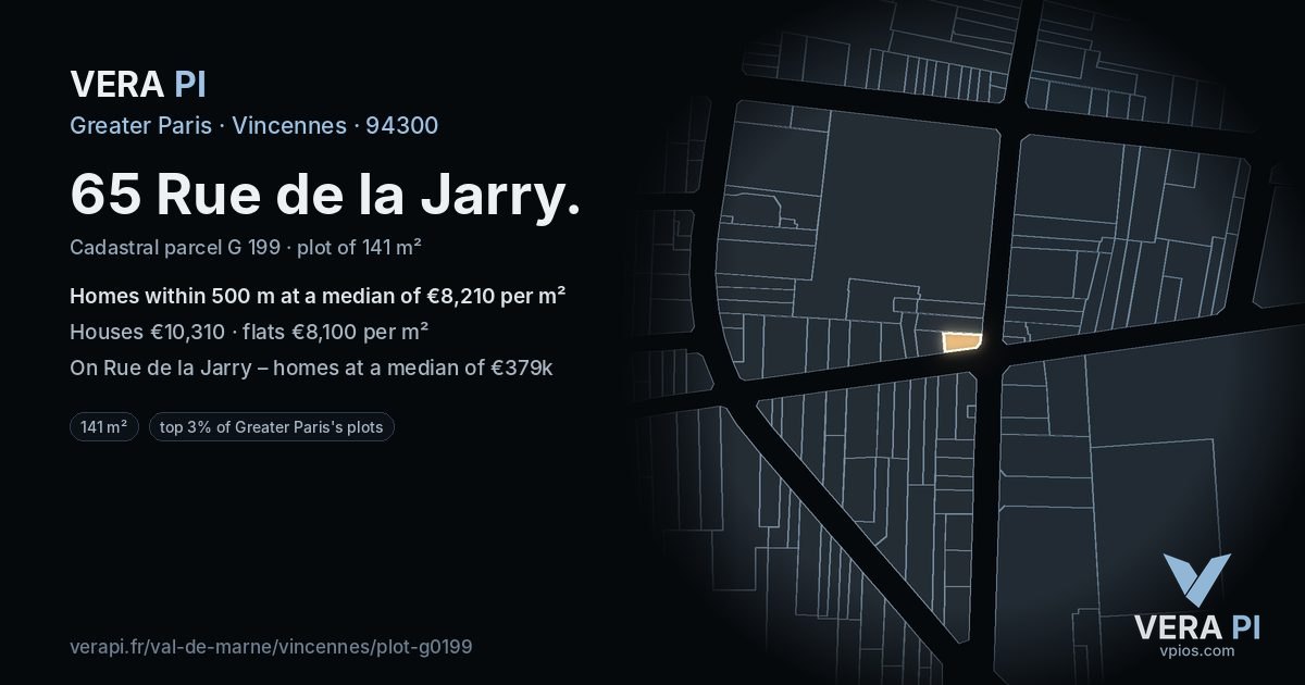 65 Rue de la Jarry, Vincennes at night – the plot lit, the parcels around coloured by the prices near them
