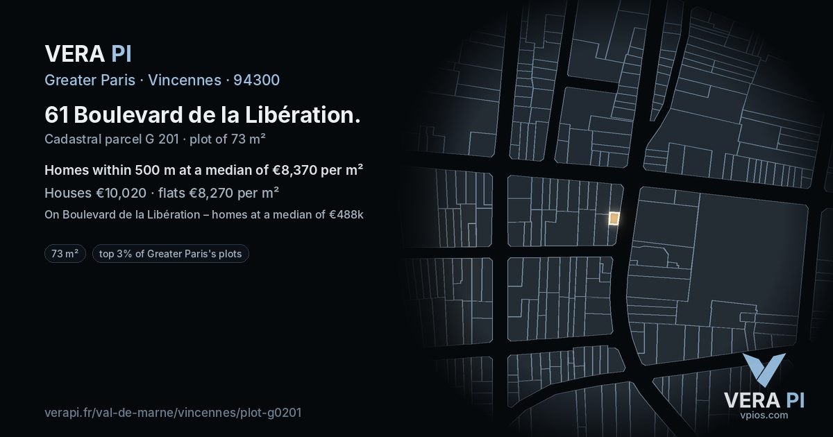 61 Boulevard de la Libération, Vincennes at night – the plot lit, the parcels around coloured by the prices near them