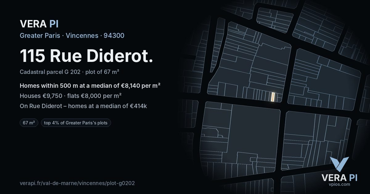 115 Rue Diderot, Vincennes at night – the plot lit, the parcels around coloured by the prices near them
