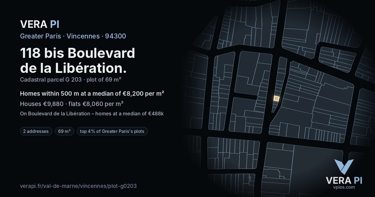 118 bis Boulevard de la Libération, Vincennes at night – the plot lit, the parcels around coloured by the prices near them