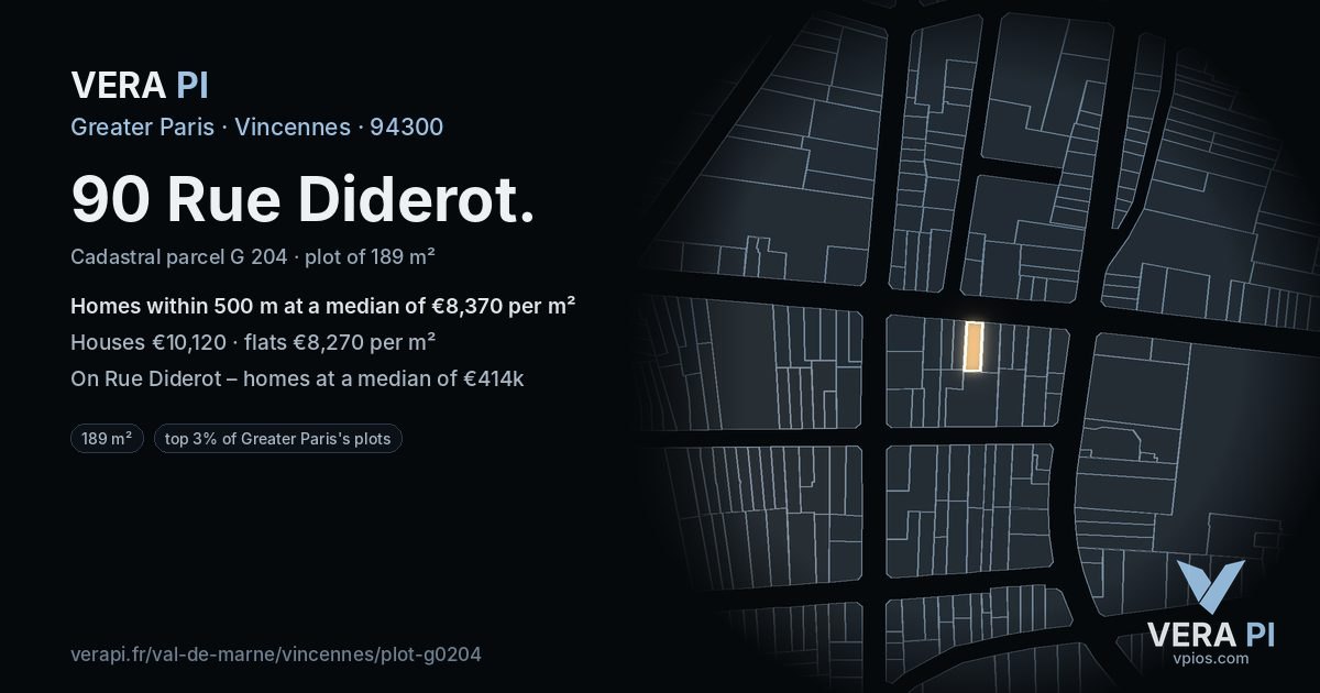 90 Rue Diderot, Vincennes at night – the plot lit, the parcels around coloured by the prices near them