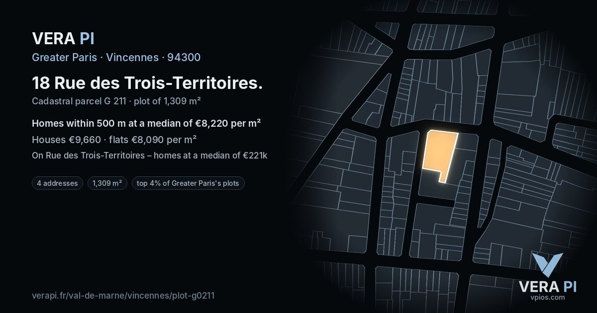 18 Rue des Trois-Territoires, Vincennes at night – the plot lit, the parcels around coloured by the prices near them