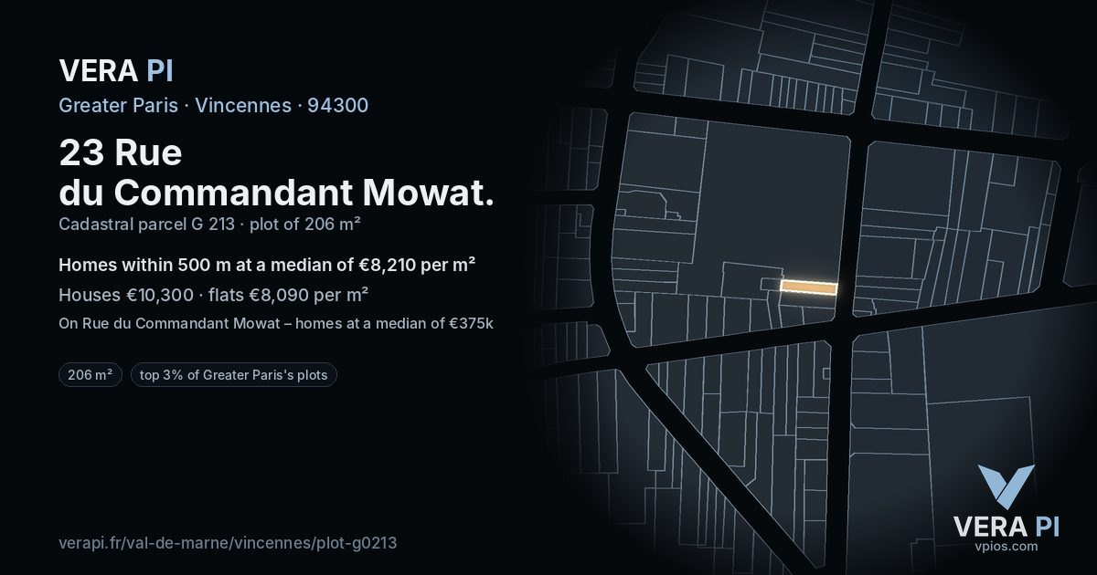 23 Rue du Commandant Mowat, Vincennes at night – the plot lit, the parcels around coloured by the prices near them