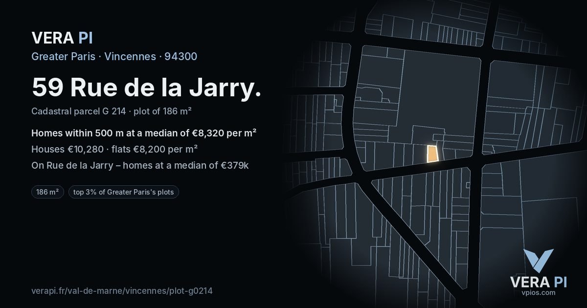 59 Rue de la Jarry, Vincennes at night – the plot lit, the parcels around coloured by the prices near them
