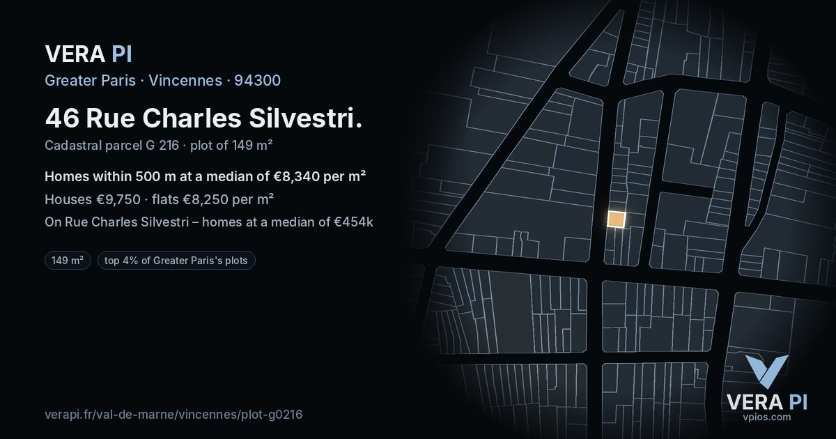 46 Rue Charles Silvestri, Vincennes at night – the plot lit, the parcels around coloured by the prices near them